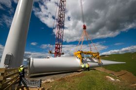 Blade about to be lifted into place at Te Uku wind farm